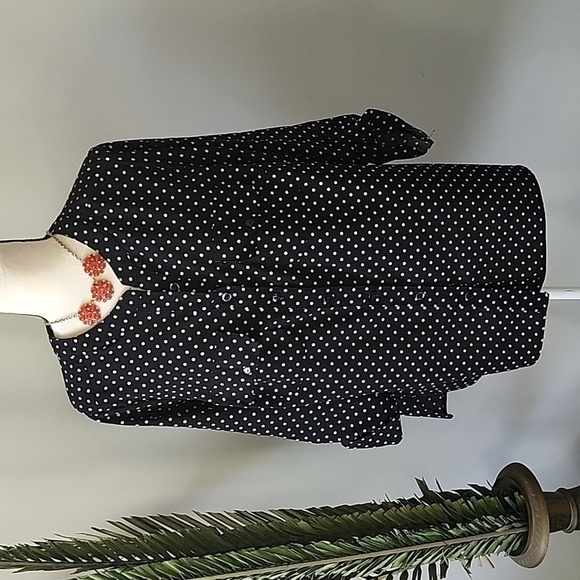 Notations Black and White Polka Dot Blouse with Straight Collar and Long Sleeves - Picture 1 of 13